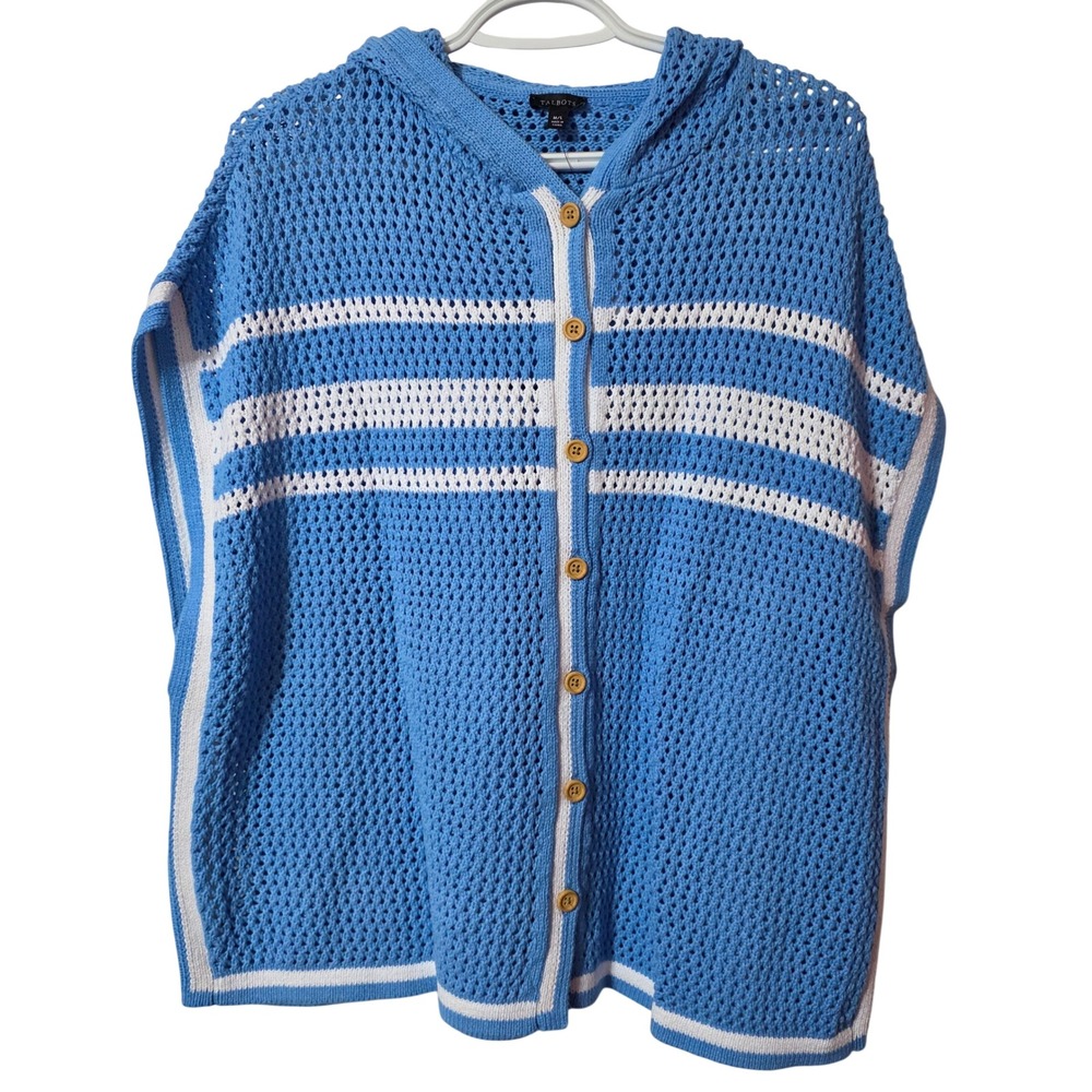 Talbots Women M/L Hooded Crochet Poncho Blue White Stripe Beach Coastal Wrap